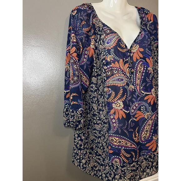 Chaps Shirt Womens Medium Blue Paisley Boho Tunic Top 3/4 Sleeve Lightweight - Picture 2 of 6